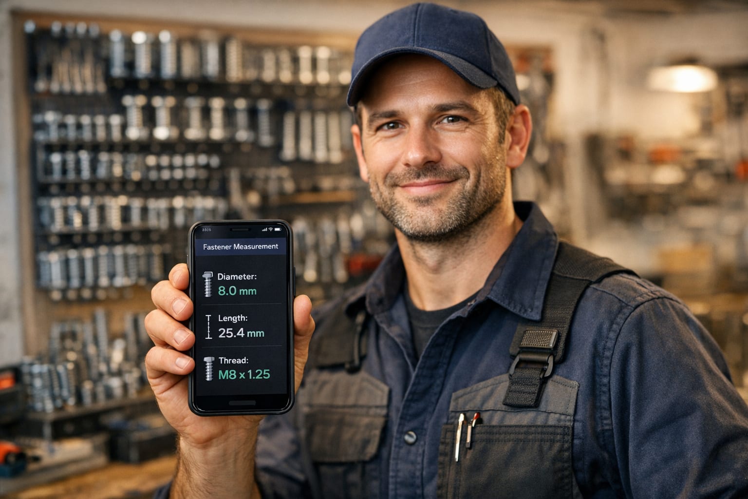 Field technician confidently holding a phone showing fastener specs on a job site